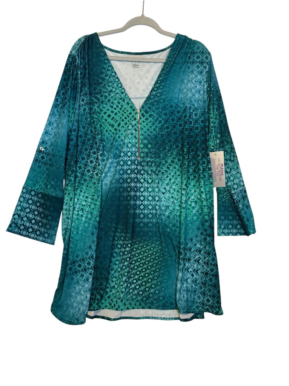 Catherines Office Dress Teal Green Patterned Tunic with Zip V-Neck Plus Size 4X